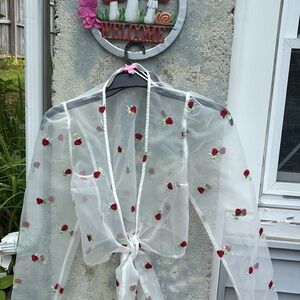 Dolls Kill Sheer White Wrap Blouse with Red roses Sz. M